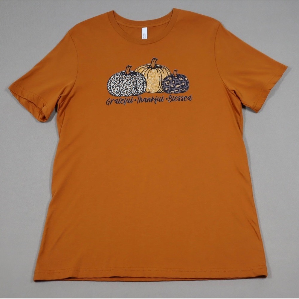 Women's Grateful, Thankful, Blessed Graphic Tee - Orange- Size L